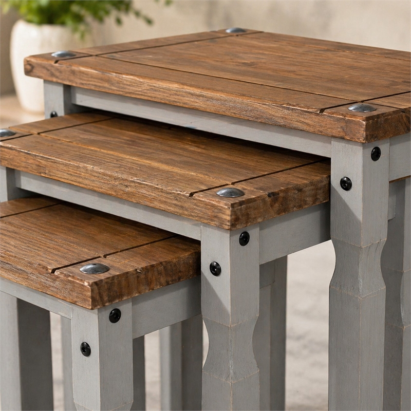 Solid Pine 3-Piece Farmhouse Nesting Side Table Set in Corona Gray