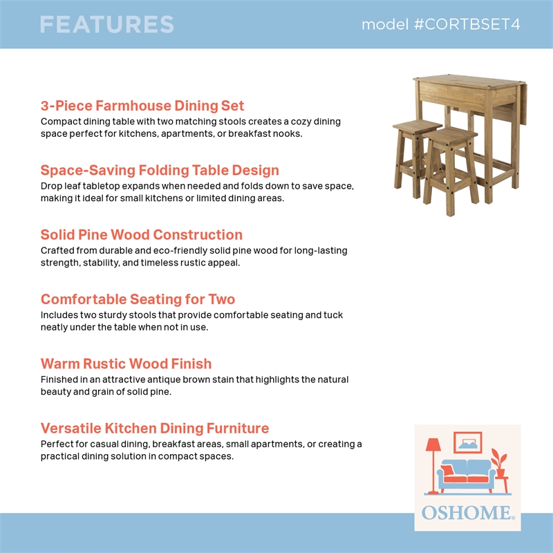 Solid Pine 3-Piece Farmhouse Folding Dining Table Set in Corona Brown
