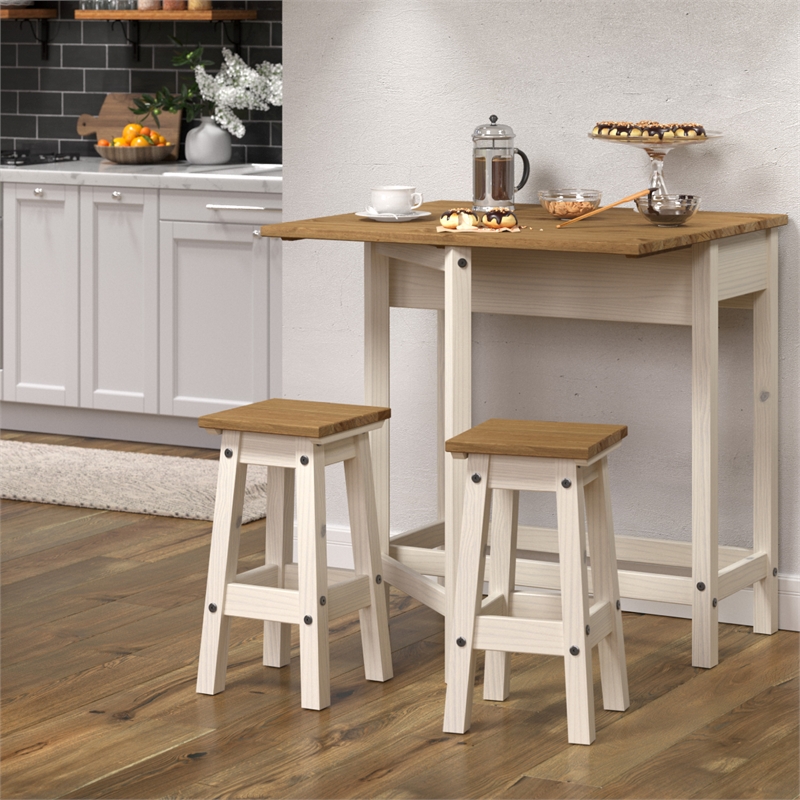 Solid Pine 3-Piece Farmhouse Folding Dining Table Set in Distressed White