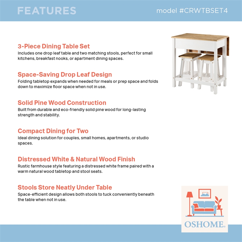 Solid Pine 3-Piece Farmhouse Folding Dining Table Set in Distressed White
