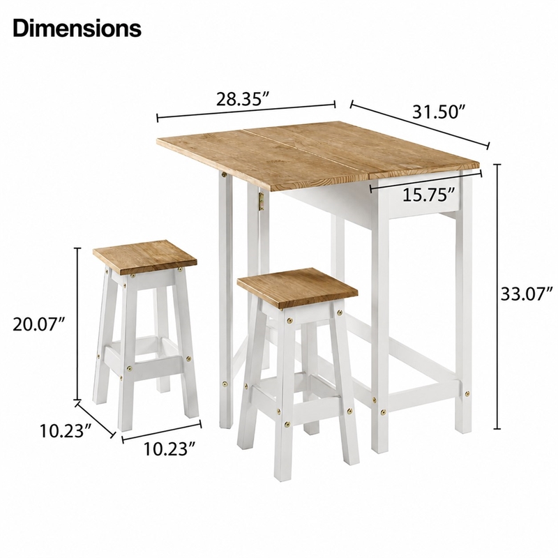 Solid Pine 3-Piece Farmhouse Folding Dining Table Set in Distressed White