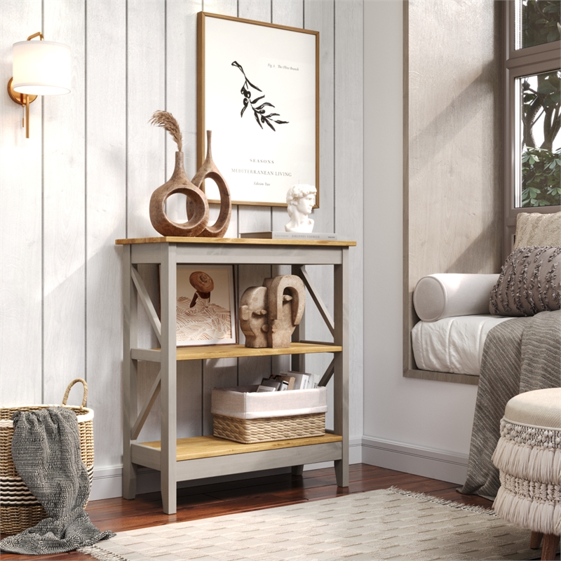 Solid Pine Farmhouse 3-Tier Bookcase Shelf in Corona Gray & Brown