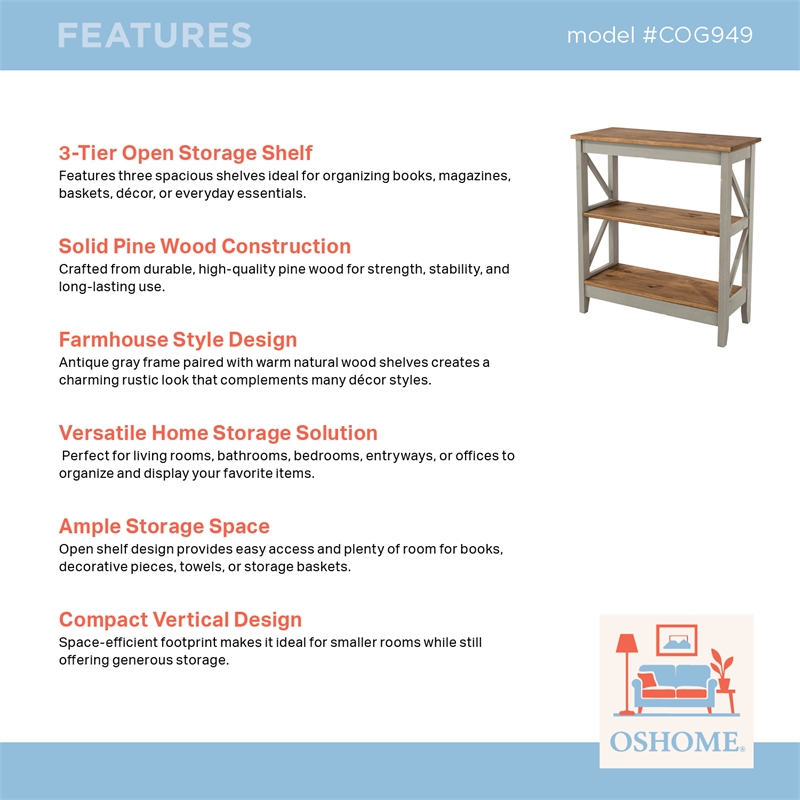 Solid Pine Farmhouse 3-Tier Bookcase Shelf in Corona Gray & Brown