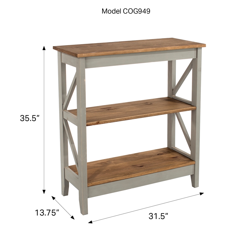 Solid Pine Farmhouse 3-Tier Bookcase Shelf in Corona Gray & Brown