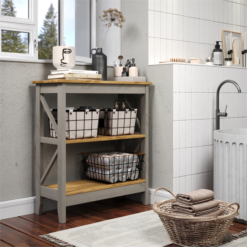 Solid Pine Farmhouse 3-Tier Bookcase Shelf in Corona Gray & Brown
