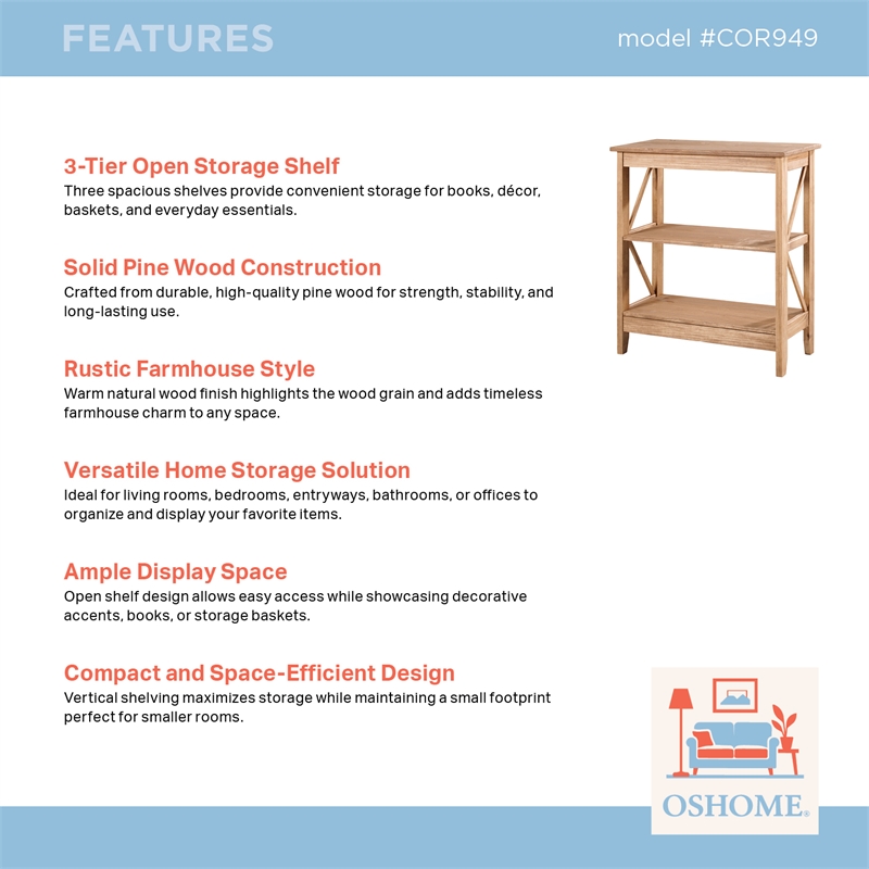 Solid Pine Farmhouse 3-Tier Bookcase Shelf in Corona Brown