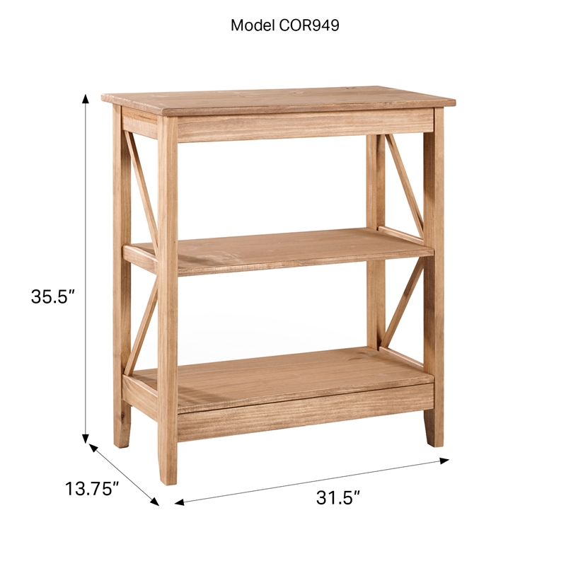 Solid Pine Farmhouse 3-Tier Bookcase Shelf in Corona Brown