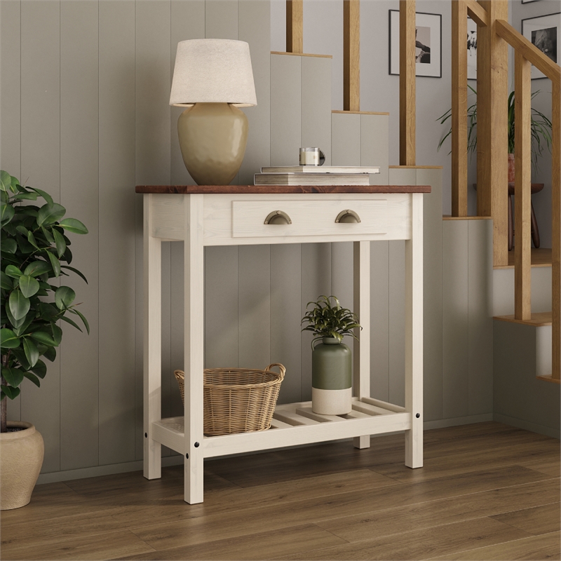 Solid Pine Farmhouse Console Table with Drawer in Harvest White and Brown