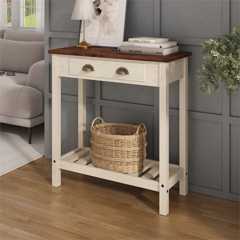Solid Pine Farmhouse Console Table with Drawer in Harvest White and Brown