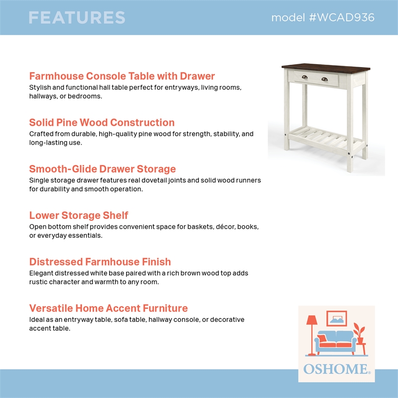 Solid Pine Farmhouse Console Table with Drawer in Harvest White and Brown