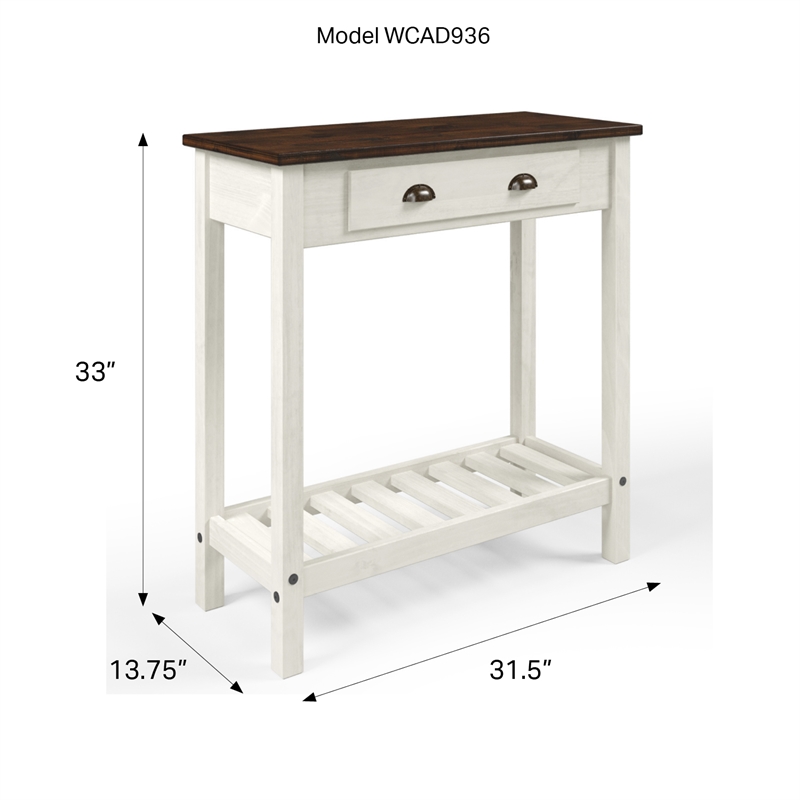 Solid Pine Farmhouse Console Table with Drawer in Harvest White and Brown