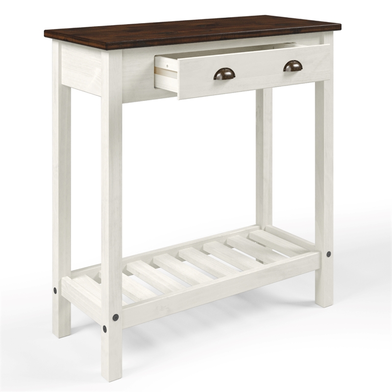 Solid Pine Farmhouse Console Table with Drawer in Harvest White and Brown