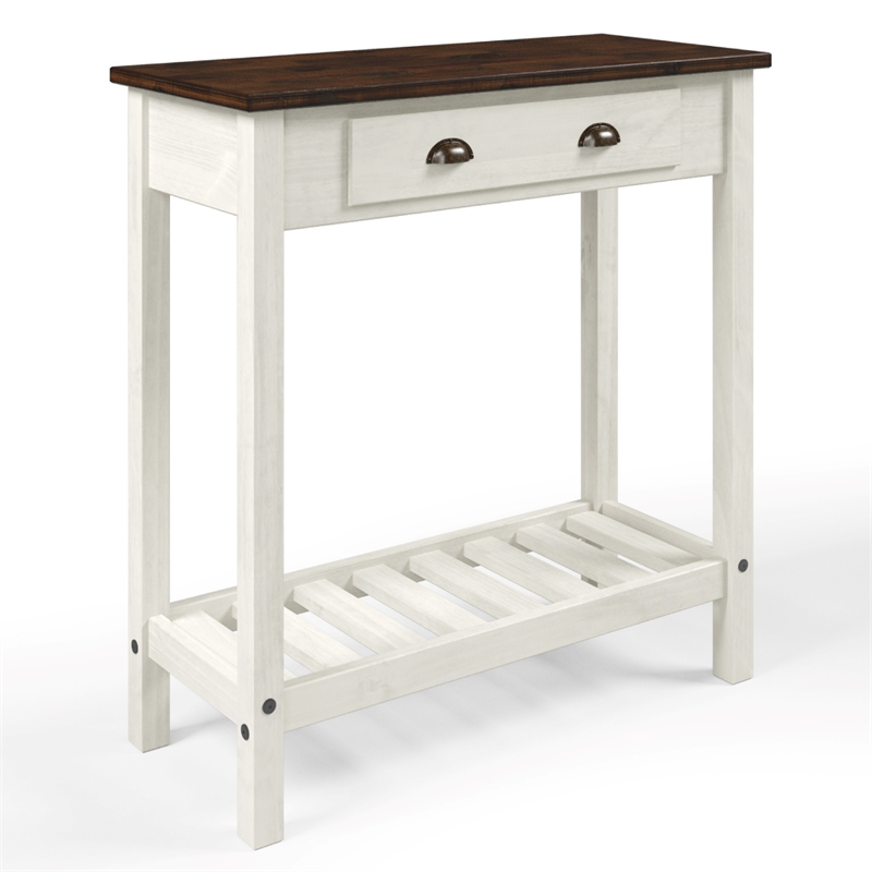 Solid Pine Farmhouse Console Table with Drawer in Harvest White and Brown