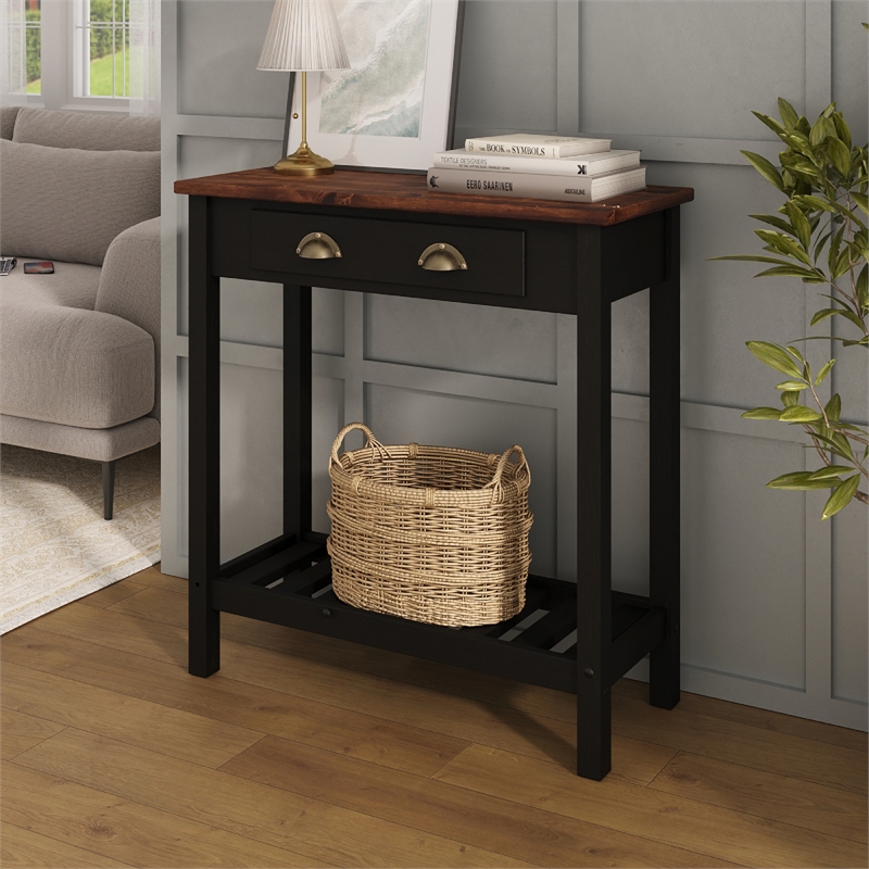 Solid Pine Farmhouse Console Table with Drawer in Harvest Black and Brown