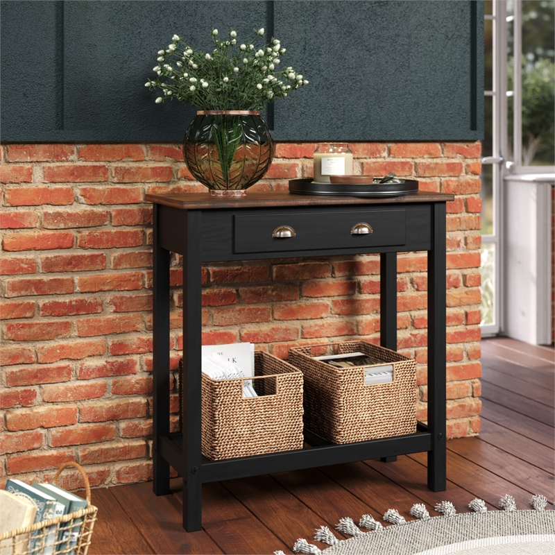 Solid Pine Farmhouse Console Table with Drawer in Harvest Black and Brown
