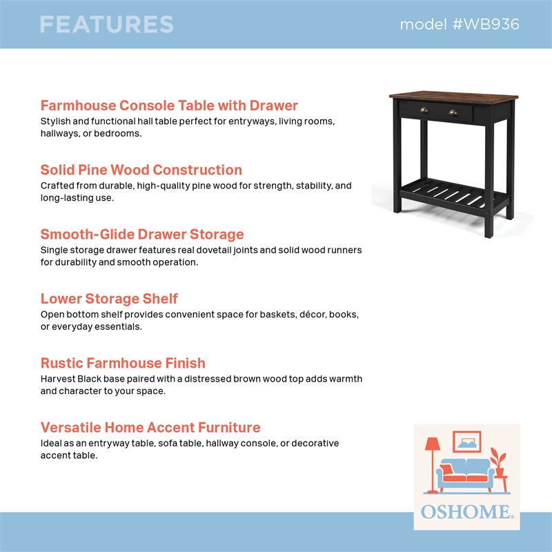 Solid Pine Farmhouse Console Table with Drawer in Harvest Black and Brown