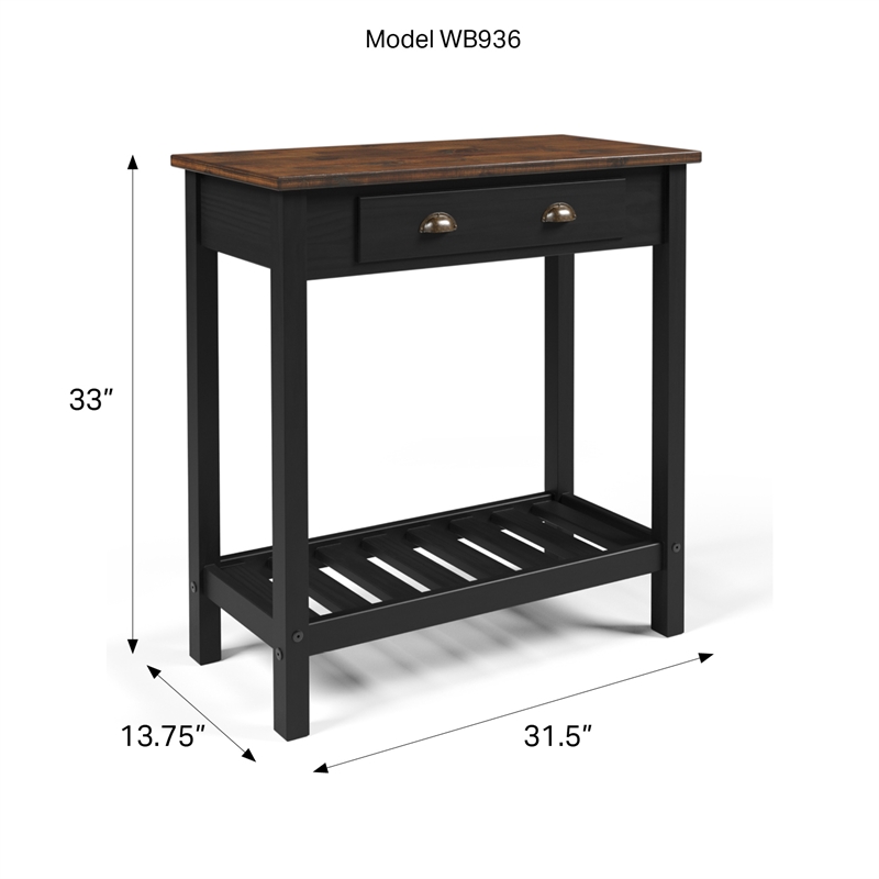 Solid Pine Farmhouse Console Table with Drawer in Harvest Black and Brown