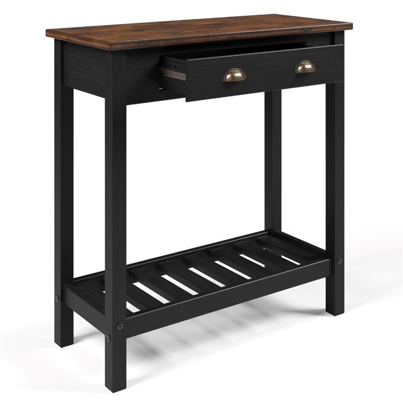 Solid Pine Farmhouse Console Table with Drawer in Harvest Black and Brown