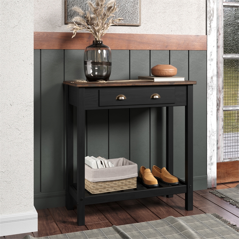 Solid Pine Farmhouse Console Table with Drawer in Harvest Black and Brown