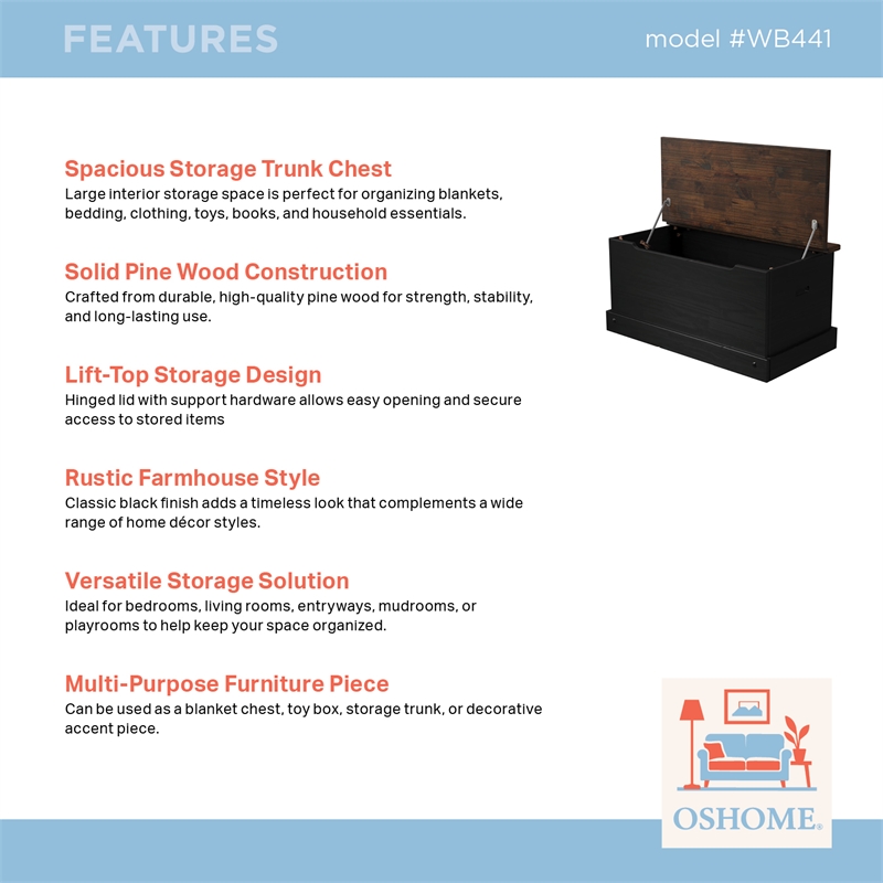 Solid Pine Farmhouse Storage/Blanket Trunk Chest in Harvest Black and Brown