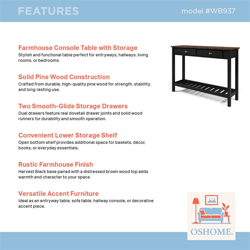 Solid Pine Farmhouse Console Table in Harvest Black and Brown