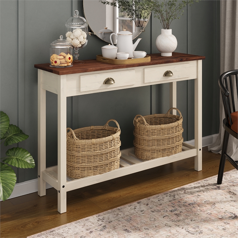 Solid Pine Farmhouse Console Table in Harvest White and Brown