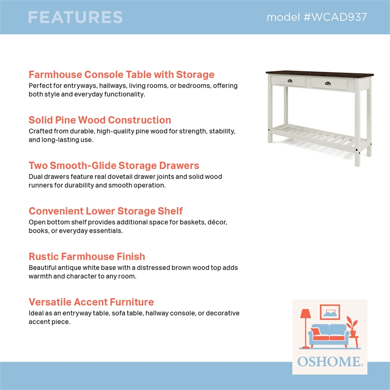 Solid Pine Farmhouse Console Table in Harvest White and Brown