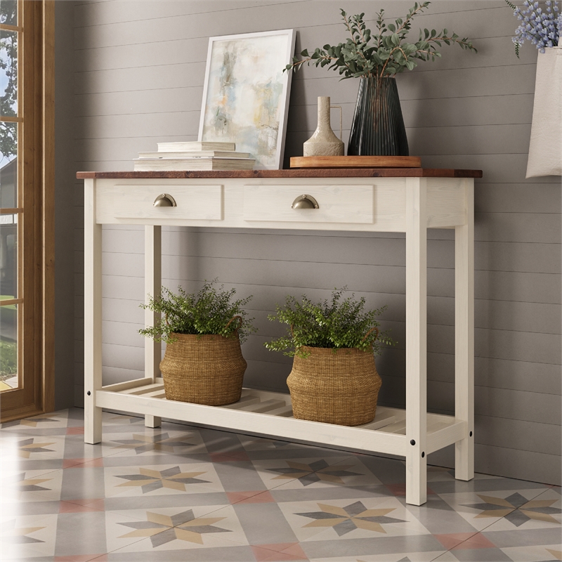 Solid Pine Farmhouse Console Table in Harvest White and Brown