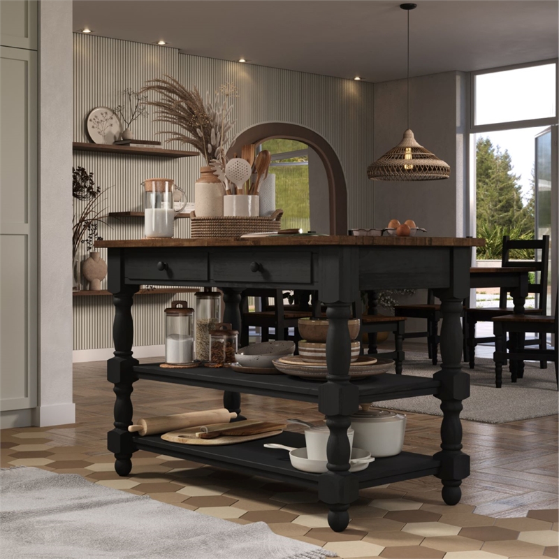 Solid Pine Farmhouse Kitchen Island/Prep Table in Harvest Black and Brown