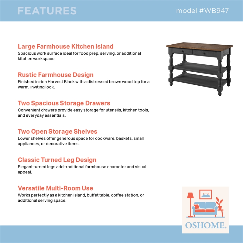 Solid Pine Farmhouse Kitchen Island/Prep Table in Harvest Black and Brown
