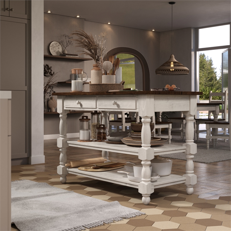 Solid Pine Farmhouse Kitchen Island/Prep Table in Harvest White and Brown