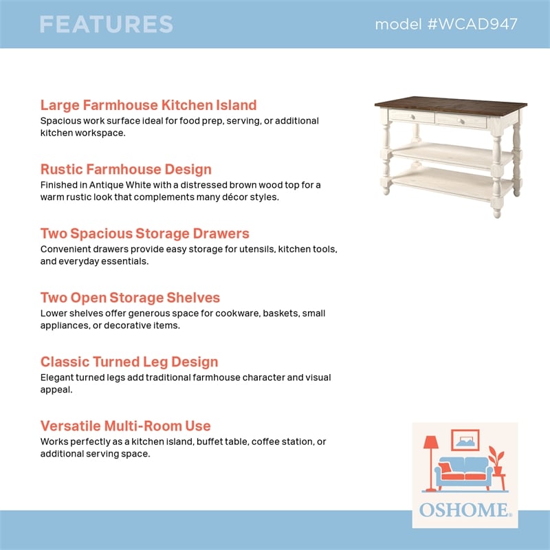 Solid Pine Farmhouse Kitchen Island/Prep Table in Harvest White and Brown