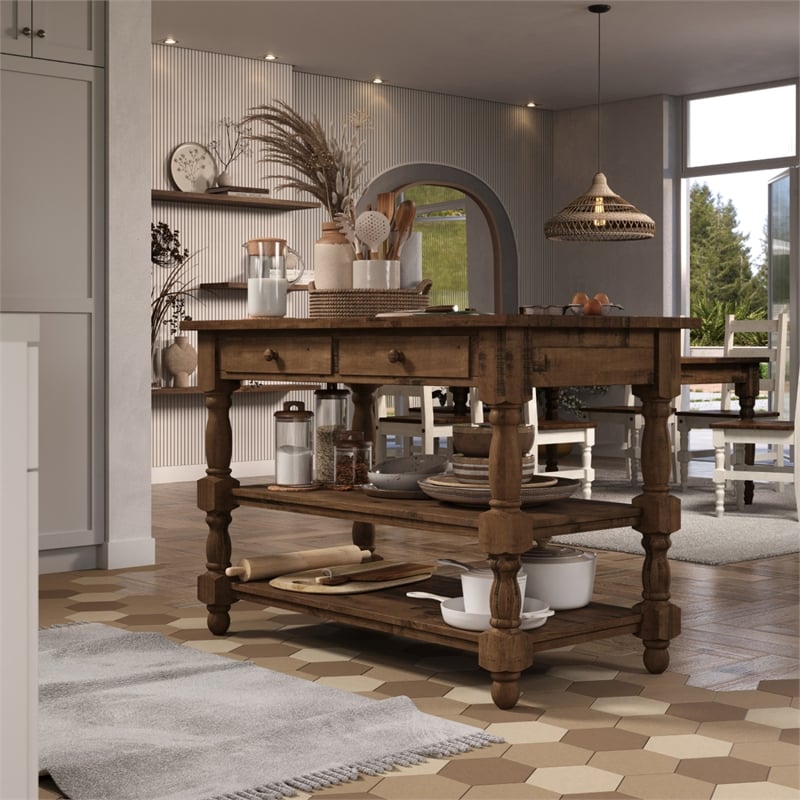 Solid Pine Farmhouse Kitchen Island/Prep Table in Harvest Brown
