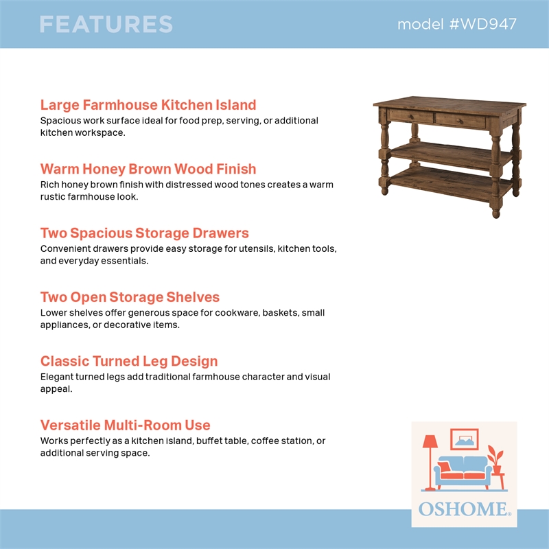 Solid Pine Farmhouse Kitchen Island/Prep Table in Harvest Brown