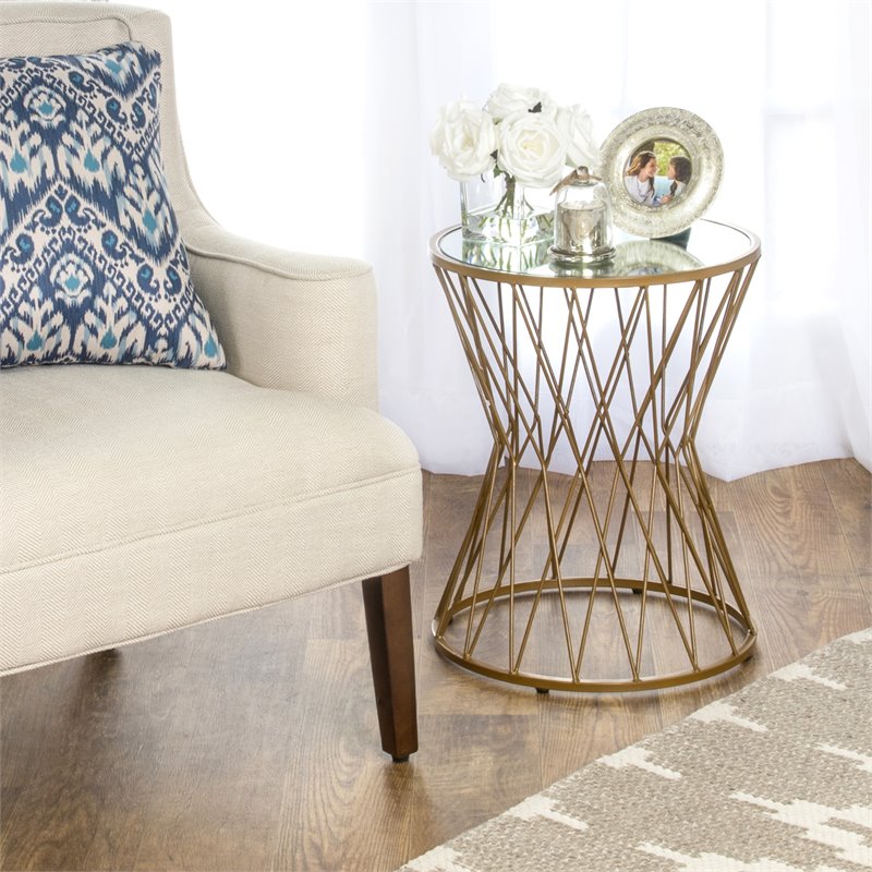 HomePop Modern Metal Accent Table with Round Mirror Top in Gold Finish