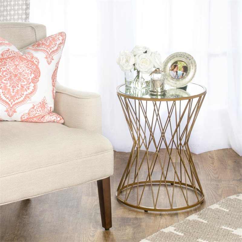 HomePop Modern Metal Accent Table with Round Mirror Top in Gold Finish