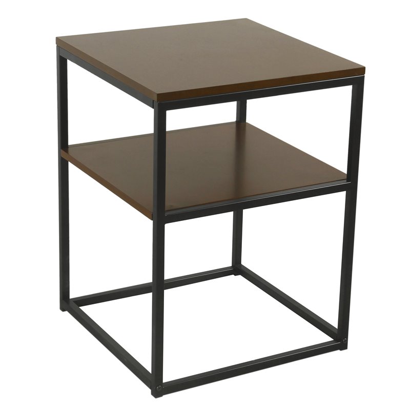 HomePop Square Modern Metal Accent Table with Shelf Storage in Dark Walnut