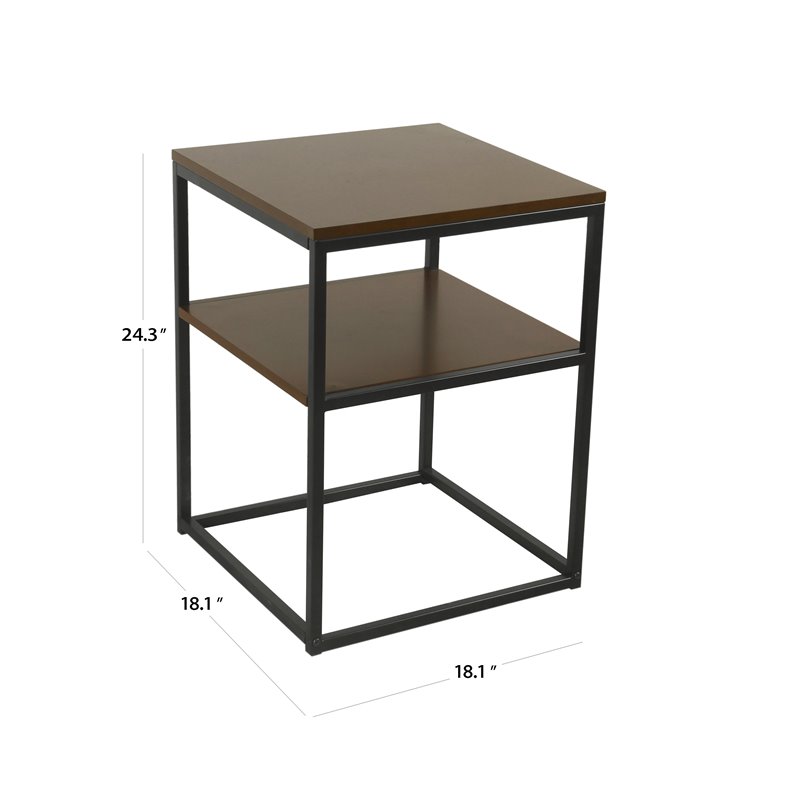 HomePop Square Modern Metal Accent Table with Shelf Storage in Dark Walnut