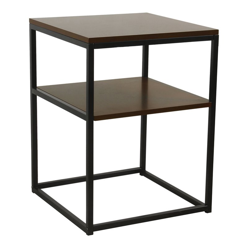 HomePop Square Modern Metal Accent Table with Shelf Storage in Dark Walnut