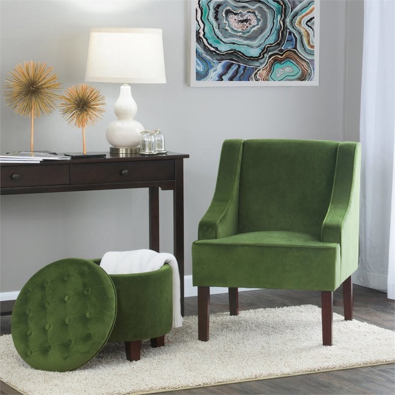 HomePop Traditional Wood and Velvet Swoop Arm Accent Chair in Green