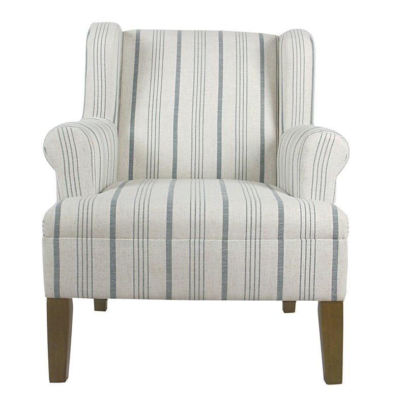 HomePop Emerson Wood & Fabric Stripe Pattern Accent Arm Chair in Teal Blue