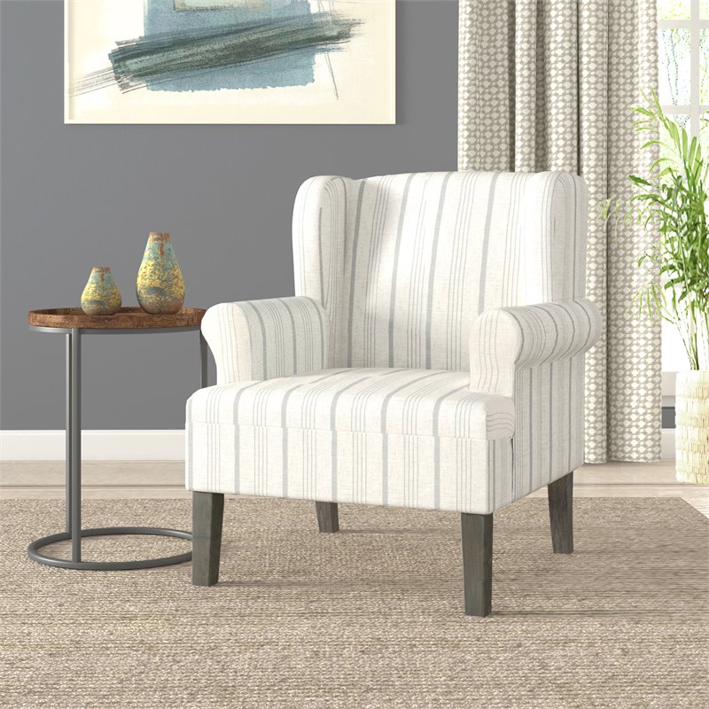 HomePop Emerson Wood & Fabric Stripe Pattern Accent Chair w/ Rolled Arm in Gray