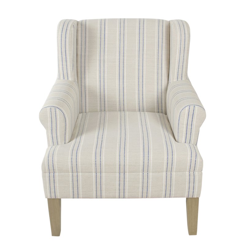 HomePop Emerson Wood & Fabric Stripe Pattern Wingback Accent Chair in White/Blue