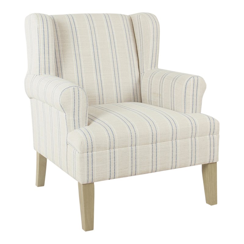 HomePop Emerson Wood & Fabric Stripe Pattern Wingback Accent Chair in White/Blue