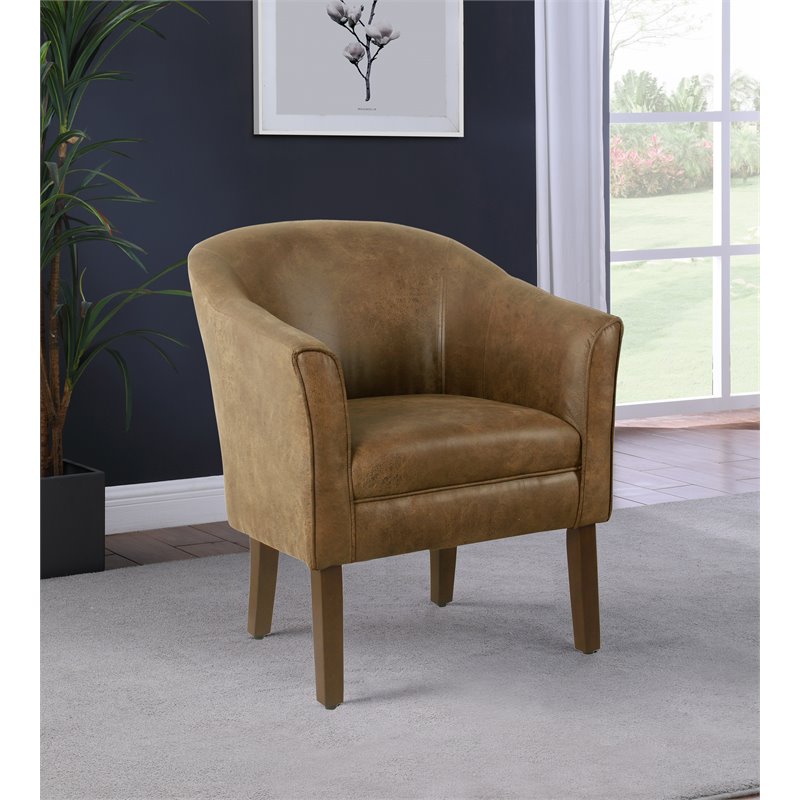 HomePop Transitional Wood and Faux Leather Barrel Accent Chair in Brown