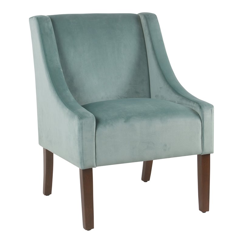 HomePop Traditional Wood and Velvet Swoop Arm Accent Chair in Aqua Blue