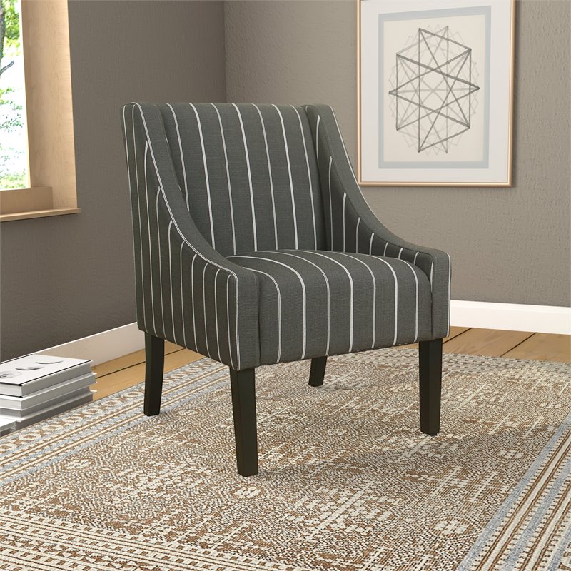 HomePop Traditional Wood and Fabric Stripe Swoop Accent Chair in Charcoal
