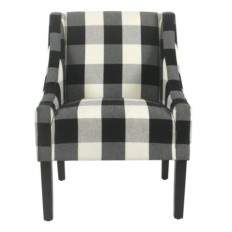 HomePop Wood and Fabric Plaid Pattern Swoop Arm Accent Chair in Black