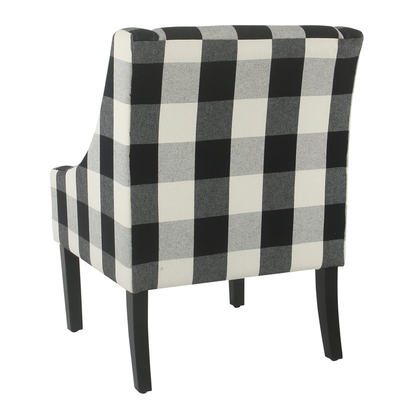 HomePop Wood and Fabric Plaid Pattern Swoop Arm Accent Chair in Black