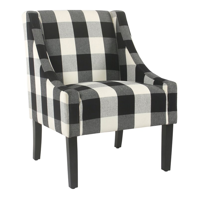 HomePop Wood and Fabric Plaid Pattern Swoop Arm Accent Chair in Black